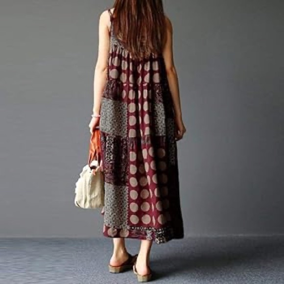 Bohemian Patchwork Maxi Dress in Burgundy and Beige - Picture 2 of 5
